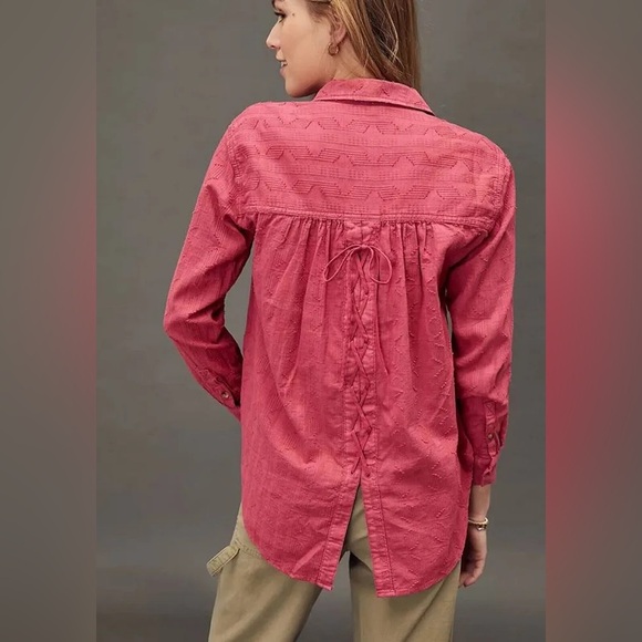 Anthropologie - Pilcro The Theresa Lace Up Button Down Pink Boho Blouse Size XL - Picture 2 of 10